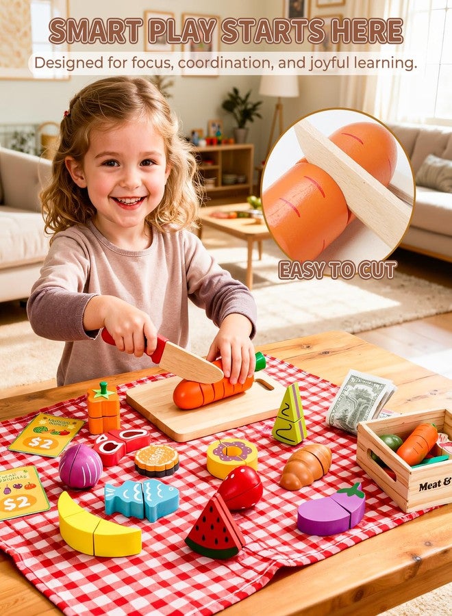 Fiderix 70 PCS Montessori Wooden Play Food Set for Kids Kitchen with Cutting Fruits, Veggies, Bread, Meat & Wooden Crates - Educational Pretend Toys for Boys & Girls 3-5, Perfect Kids - Image 2
